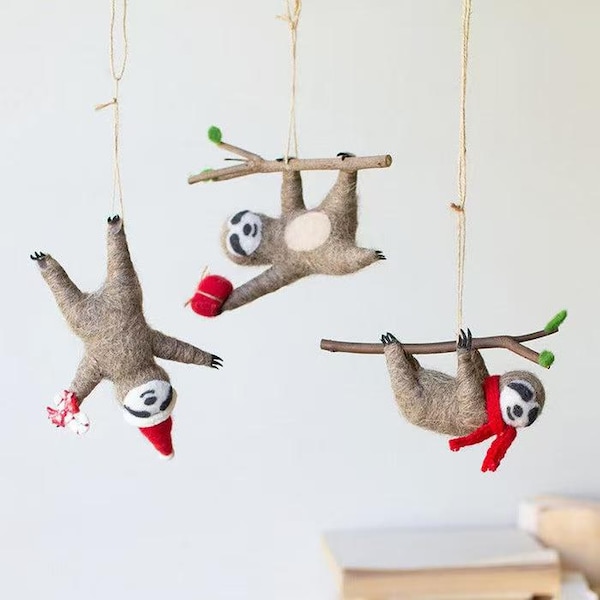 Wool Felt Christmas Sloth Ornaments: Xmas Hanging Decor, Set of 3