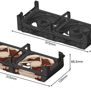 May include: Two dual-fan cooling assemblies in black frames. The top unit is all black, while the bottom unit features tan and brown fans. Dimensions are labeled as 315mm in length, 120mm in width, with heights of 65mm and 66.5mm respectively.