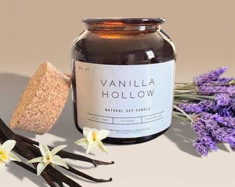 Vanilla Lavender Soy Candle: Smoky Woods Musk, Amber Jar Cozy Home Decor