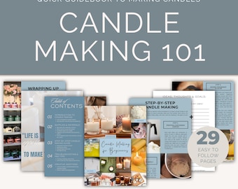 Può includere: Una guida digitale intitolata "Candle Making 101" con il testo "Download istantaneo!" e "Guida rapida alla fabbricazione di candele". La guida include sezioni su forniture, istruzioni passo passo e aggiunte creative. La guida ha 29 pagine facili da seguire.