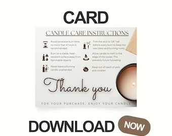Digital Candle Care Card Download Printable Candle Care Instructions Candle Safety Insert for Candle Business Candle Care Guide Template