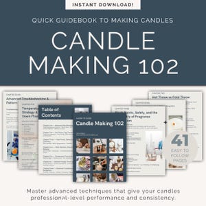 May include: A teal-colored graphic with the text "CANDLE MAKING 102" and "Instant Download!". The image shows a guide with 41 easy-to-follow pages, detailing candle-making techniques. The guide includes chapters on troubleshooting and fragrance.
