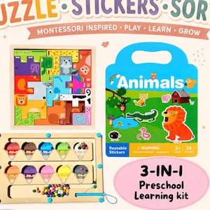 Montessori Busy Board for Toddlers 3+ | Preschool Learning Kit | Wooden Puzzle, Reusable Sticker Book & Magnetic Sorting Toy Travel kit