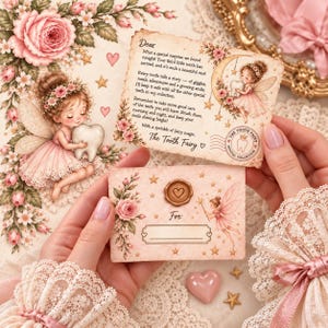 May include: A decorative letter and envelope set featuring a tooth fairy theme with pink roses, gold stars, and a wax seal. The letter text reads: Dear, What a special surprise we found tonight! Your third little tooth has arrived, and it's such a beautiful one! With a sprinkle of fairy magic, The Tooth Fairy.