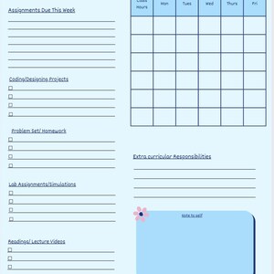 Könnte beinhalten: Ein blauer und weißer druckbarer Wochenplaner mit einem Abschnitt für fällige Aufgaben, einem Abschnitt für Unterrichtsstunden und einem Abschnitt für außerschulische Verpflichtungen. Der Planer hat einen hellblauen Hintergrund mit einem floralen Design und den Text "Woche: TT/MM/JJJJ - TT/MM/JJJJ" oben.
