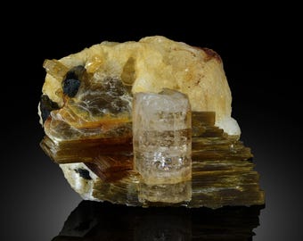 Fluorapatite Crystals on Mica with Schorl – Fluorescent Mineral Specimen 26 gram