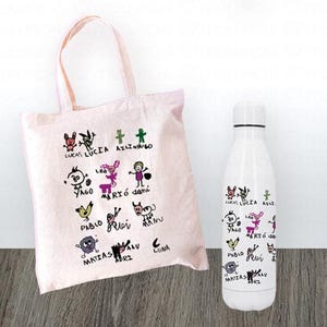 Pack Regalo profesores personalizado con dibujos "Bolsa + Botella"