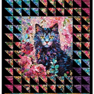 May include: A colorful quilt featuring a stylized cat surrounded by flowers. The cat has blue and purple fur with yellow eyes. The quilt has a black border with colorful triangles and a floral and stained glass design.