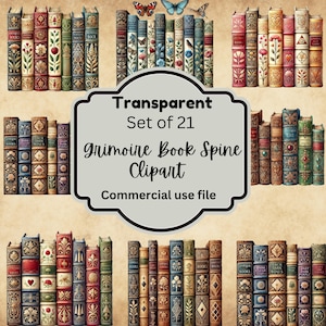 Lomo de libro grimorio: 21 imágenes PNG de bibliotecas antiguas de brujería (descarga digital)