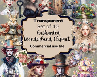 Alice in Wonderland Clipart: 40 Fantasy PNG Elements (Commercial Use)