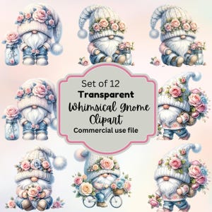 Whimsical Gnome Clipart Set | 12 PNG Transparent Digital Download | Cute Floral Gnome Graphics for Crafts & Sublimation