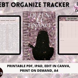 Rastreador de deuda digital | Planificador de finanzas de la reina | Pago de deuda imprimible | Rastreador de pago de tarjetas de crédito | Planificador financiero para mujeres | 12 páginas