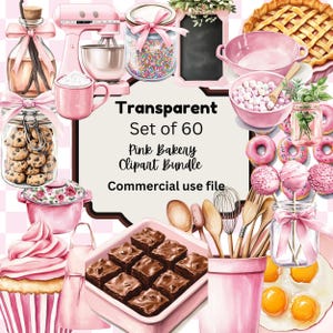 Pink Bakery Clipart Bundle | 60 High Quality Transparent PNGs | Pastel Baking Clipart for Stickers, Sublimation, Invitations.