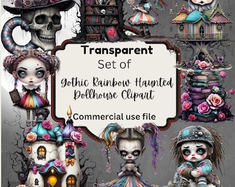 Gothic Rain bow Haunted Dollhouse Clipart Bundle- Creepy Cute Girls, Spooky Houses & Skull Decor PNG Set