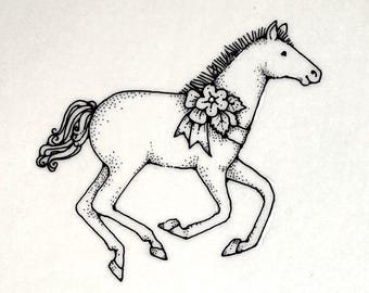 Horse with Flowers - Original Pen and Ink Illustration, Signed and Mounted, One-of-a-Kind (Not a Print)