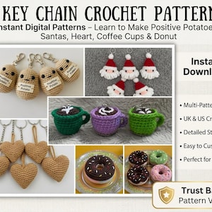 Puede incluir: Un paquete de patrones digitales para 5 llaveros de ganchillo titulado 5 KEY CHAIN CROCHET PATTERNS. Incluye instrucciones para patatas positivas, figuras de Santa, corazones, tazas de café y rosquillas. Contiene texto de descarga instantánea.