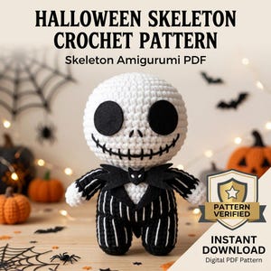 May include: A white and black crochet skeleton doll featuring a large round head, black circular eyes, and a stitched mouth. The doll wears a black suit with white pinstripes and a bat-shaped bowtie. Text reads HALLOWEEN SKELETON CROCHET PATTERN.