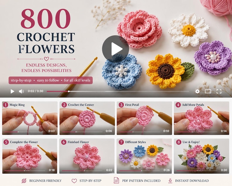 May include: An image showcasing a crochet tutorial for making 800 crochet flowers. The image features various colorful crochet flowers, including pink, blue, yellow, white, and purple. The text reads "800 Crochet Flowers" and "Endless Designs, Endless Possibilities."