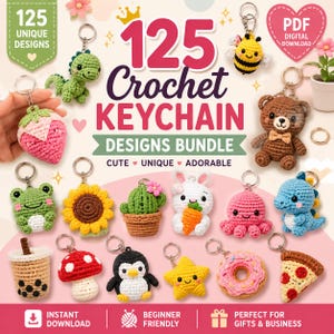 May include: A digital download bundle featuring 125 crochet keychain designs. The image displays various amigurumi keychains including a green dinosaur, strawberry, bee, bear, frog, sunflower, cactus, rabbit, octopus, blue dragon, boba tea, mushroom, penguin, star, donut, and pizza slice.
