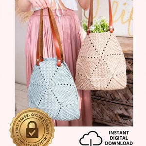 May include: Two crochet bags with geometric patterns, one light blue and one beige, each featuring brown leather straps. The text reads THE TRAPEZE BAG CROCHET PATTERN, INSTANT DIGITAL DOWNLOAD (PDF), 2 IN 1 TRAPEZE BAG CROCHET PATTERN, Skill Level: Easy-Intermediate.