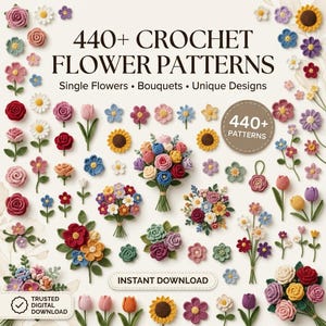 Puede incluir: Una colección de patrones de flores de ganchillo con varias flores individuales y ramos en rojo, rosa, amarillo, azul y morado. La imagen incluye el texto 440+ CROCHET FLOWER PATTERNS, Single Flowers, Bouquets, Unique Designs, 440+ PATTERNS e INSTANT DOWNLOAD.
