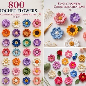 May include: A collection of colorful crochet flowers in various designs. The image features a variety of flower types, including roses, daisies, and sunflowers, in shades of pink, purple, yellow, and blue. Text reads "800 Crochet Flowers" and "Endless Designs, Endless Possibilities."