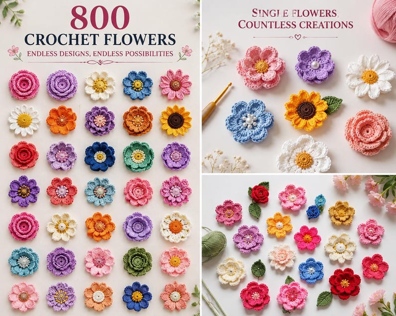 May include: A collection of colorful crochet flowers in various designs. The image features a variety of flower types, including roses, daisies, and sunflowers, in shades of pink, purple, yellow, and blue. Text reads "800 Crochet Flowers" and "Endless Designs, Endless Possibilities."