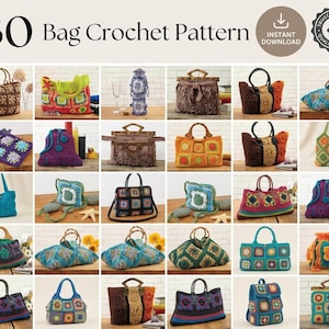 May include: A digital collection of 30 bag crochet patterns featuring various designs, including granny square totes, drawstring pouches, and handbags with bamboo or fabric handles in diverse colors like blue, orange, brown, and green.