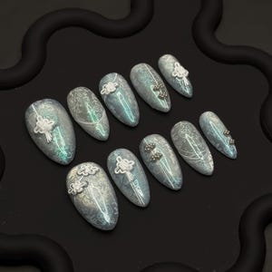 Blue Chrome, Chinese Qipao Inspired, Cateye Nail, 3D Nail Art, Hand-Painted, Douyin Nails, XiaoHongShu Inspired Press-on Nails