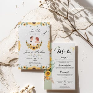 Suite de faire-part de mariage tournesol, modèles de toile modifiables, ensemble d'invitations florales bohèmes, réservez cette date rustique, RSVP, carte de détails, mat