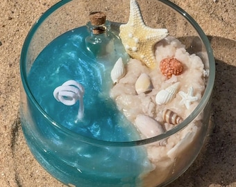 Ocean Candle with Real Shells, Starfish, Corked Bottle – Beach Scene Coastal Decor