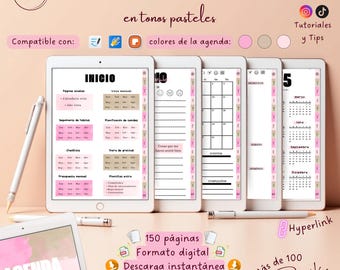 May include: A digital planner with a pastel pink and beige color scheme. The planner has a weekly view and includes 150 pages, a download option, and over 100 stickers. The text on the image reads "Agenda digital en tonos pasteles" and "2025/2026".