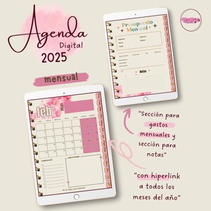 Puede incluir: Una agenda digital para el año 2025 con un diseño floral rosa y blanco. La agenda incluye un calendario mensual, una sección de presupuesto y una sección de notas. El texto "Agenda Digital 2025 mensual" está en la parte superior de la página.