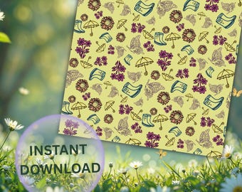 Schmetterling und Gummistiefel Muster - Frühlings Umbrella Digital Papier für Gelben Stoff für Kinderzimmer