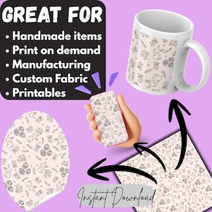 以下が含まれることがあります： 白いコーヒーマグ、携帯電話ケース、イースターエッグ型のステッカーには、ウサギ、卵、花の要素が薄いピンク色の背景に繰り返されるパターンがあります。画像には「GREAT FOR」と「Instant Download」の文字も含まれています。