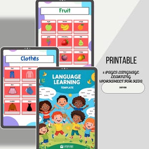 May include: Printable language learning worksheets for kids displayed on tablets. The worksheets feature colorful illustrations of fruits, clothing, and language learning templates. The image includes the text "PRINTABLE 5 PAGES LANGUAGE LEARNING WORKSHEET FOR KIDS".