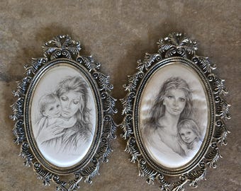 Vintage "La Maternita" Serigraphs: Italian Art, Brass Frames, Set of 2; Dark Academia