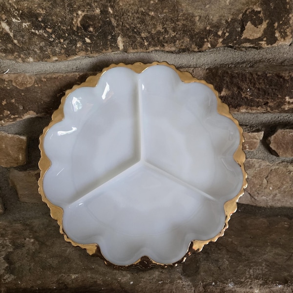 Vintage Fire King Milk Glass Relish Dish: 22K Gold Trim, Charcuterie Serving, Easter Tray