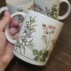 Set of 3 Marjolein Bastin Herb Garden Mugs Certified International Corporation (CIC) Thailand Vintage Mugs, Hand painted herbs, wildflowers