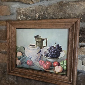 Vintage 3D sill life painting by Henk Bos Featuring Fruit, Vegetables, Bowl and Pitcher; Circa 1950-60s. USA. Kitchen Decor,Rustic Farmhouse