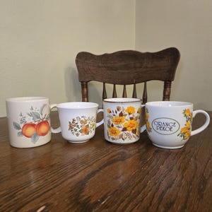 Vintage 1970s Stoneware Mugs: Japan Retro Orange Floral Set
