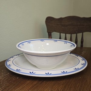 May include: A white ceramic bowl and plate set with blue floral accents. The bowl sits atop the plate, both displaying a delicate blue leaf pattern around the rims. The set is on a wooden table.