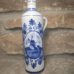 Delft Small Blue Decanter, Liquor Bottle; with Windmill Design; Blue and White - Mid 20th cenutry