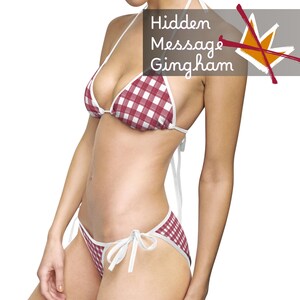 Red Gingham Bikini Swimsuit: Hidden Message, Plus Size Summer Beachwear