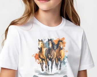 Personalisierte Mädchen Pferd T-Shirt - Aquarell Style Baumwoll-Shirt