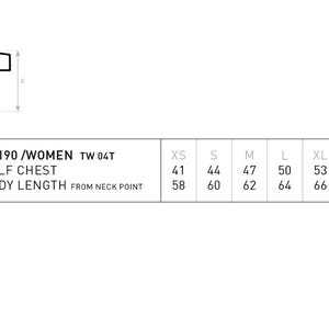 May include: A t-shirt size guide with measurements in centimetres. The guide shows half chest and body length measurements for sizes XS to 3XL. The text reads "B&C #E190/WOMEN TW 04T".