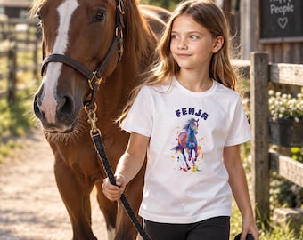 Personalized Horse Shirt for Girls, Watercolor Horse Kids T-Shirt, Custom Name Pony Shirt, Horse Lover Birthday Gift