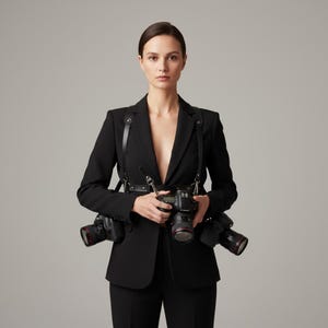 May include: A person in a black suit with a leather camera harness, holding three DSLR cameras. The cameras have black bodies and red lenses. The background is a plain grey.