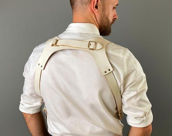 Personalized White Genuine Leather Camera Harness | Dual Strap for 2 Cameras | Adjustable Shoulder Harness For Photographers |