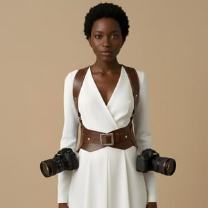 Puede incluir: Un arnés de cámara de cuero marrón con una hebilla, que sostiene dos cámaras negras con lentes. El arnés se usa sobre un vestido blanco con mangas largas. El fondo es de color beige.